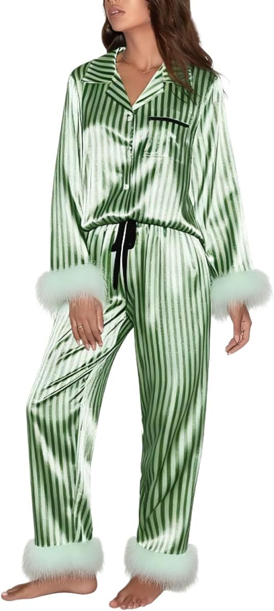 Meiweileya Women Striped Christmas Pajama Sets Satin Silk Fur Trim 2 Piece Sleepwear Pjs Set Butt... | Amazon (US)