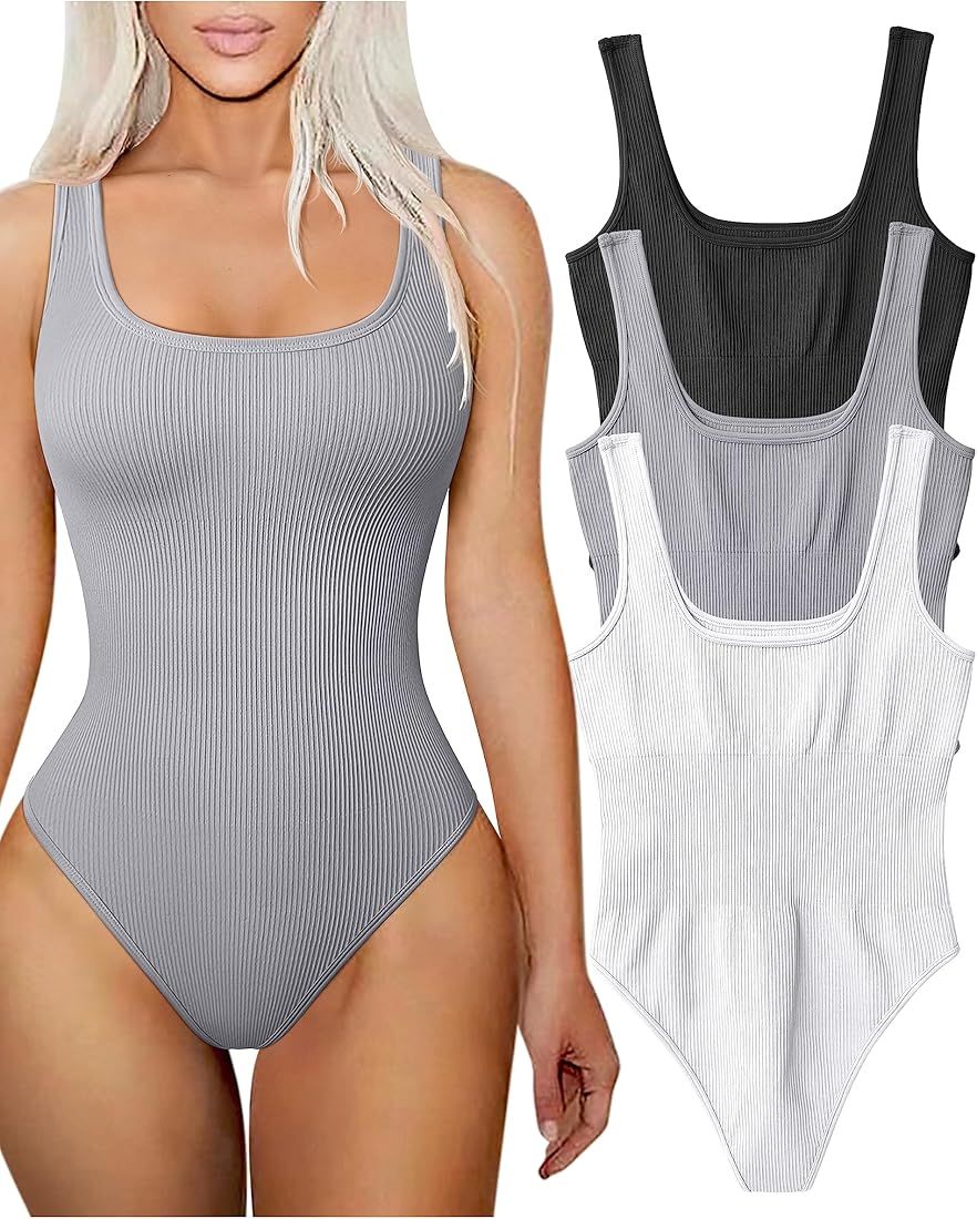 TOB Women's 3 Piece Bodysuits Sexy Ribbed Square Neck Sleeveless Tank Tops Bodysuits | Amazon (US)
