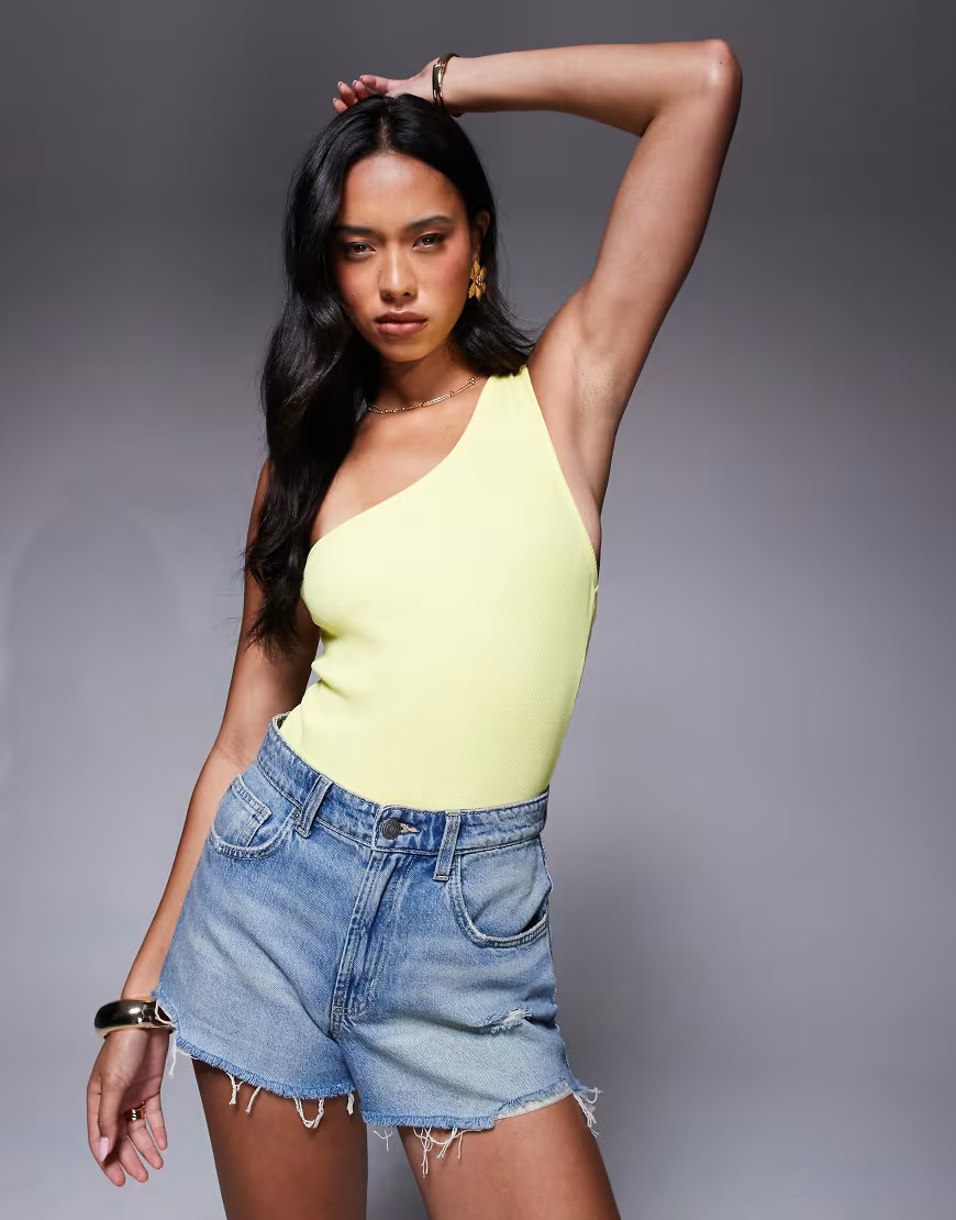 ASOS DESIGN rib one shoulder bodysuit in butter yellow-Green | ASOS (Global)
