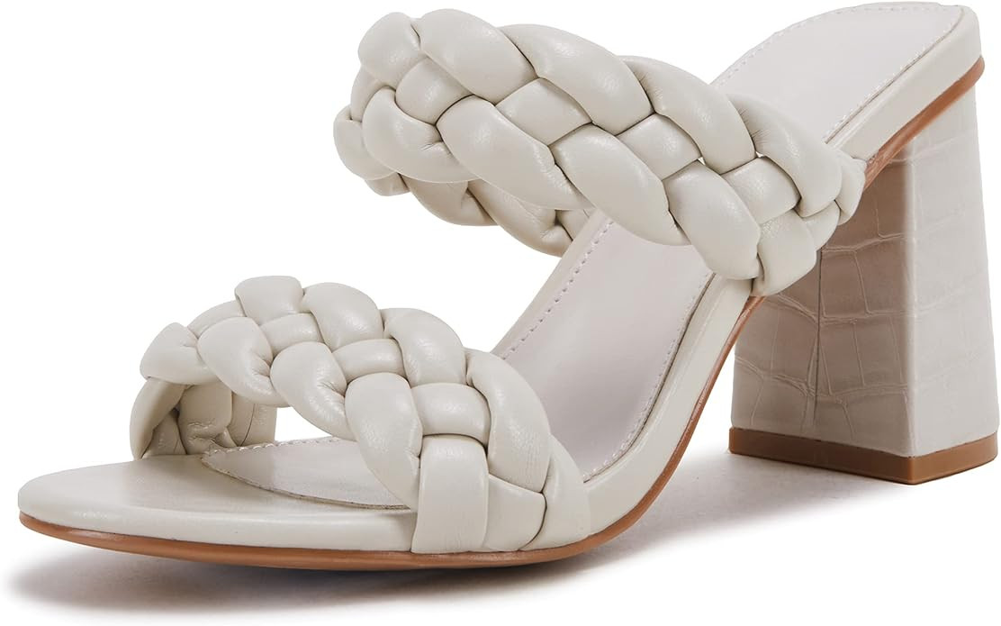 Womens Braided Heeled Sandals Chunky Block Heel Strappy Slip On Backless Mules Slide Shoes | Amazon (US)