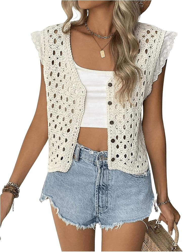 Verdusa Women's Crochet Knitted Sweater Vest Casual Button Up Hollow Out Vest Top | Amazon (US)