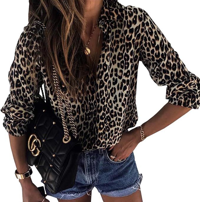 BTFBM Women’s Fashion Leopard Print Shirts Long Sleeve V Neck Button Down Lightweight Relaxed-F... | Amazon (US)