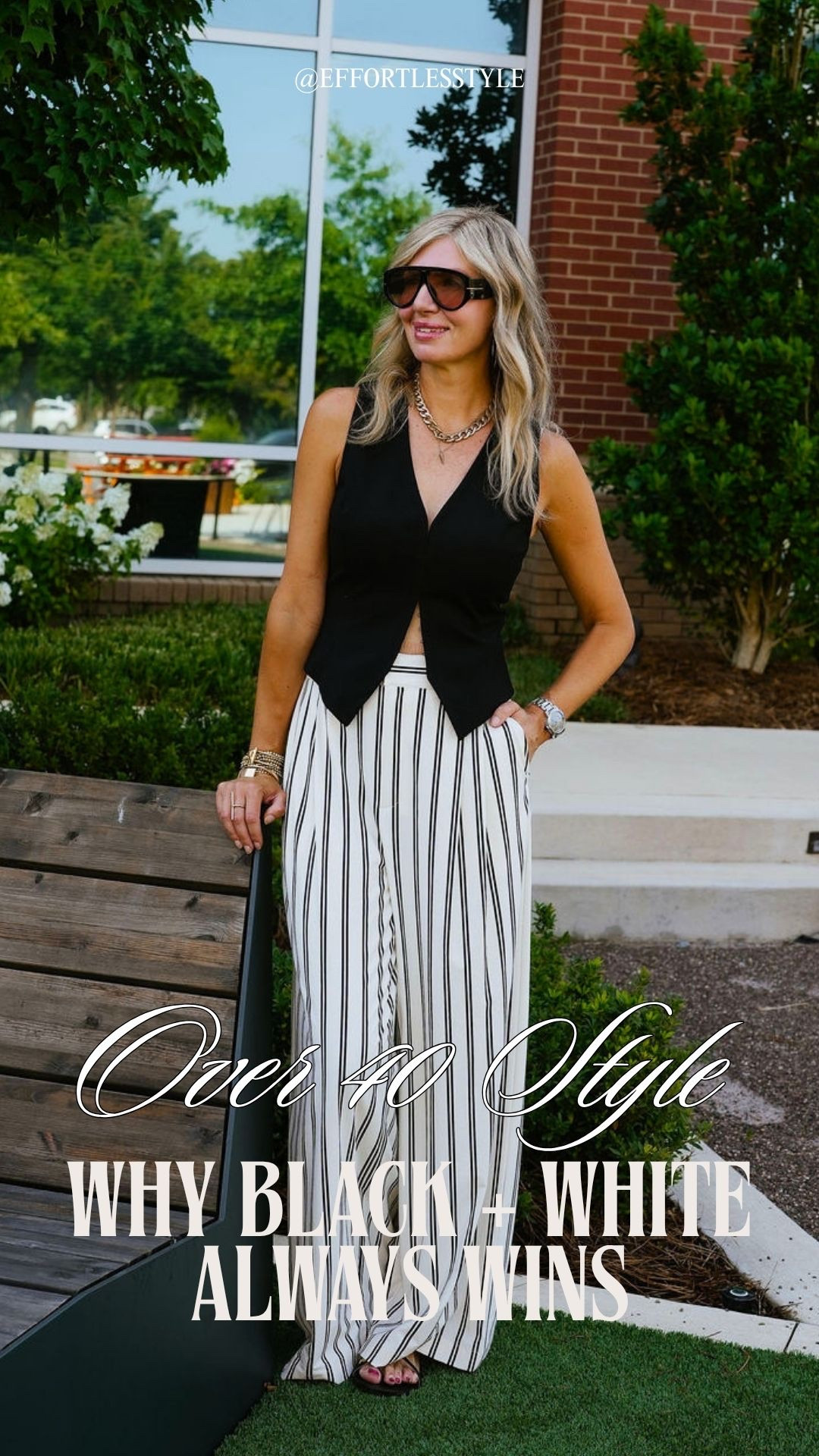 Everyone loves adding color for impact, but black and white is the real secret weapon for an outfit that looks completely intentional every single time 👇

Here's why black and white always wins:

🖤 It never competes with you. A black and white outfit lets your confidence, your energy, and your presence do the talking. No color is pulling focus, no pattern is overwhelming — just a clean, sharp combination that always reads as put together.

🤍 The contrast does the styling work for you. A black tailored vest against wide leg white and black striped palazzo pants creates visual interest and dimension without any extra effort. The pieces are doing all the heavy lifting — you just have to show up.

🖤It works for every occasion without changing a single piece. Casual lunch, client meeting, dinner out — a great black and white outfit transitions effortlessly across every setting. It's the most versatile color combination you can build around.

OOTD featuring our stylist Dana ✨ Black tailored vest + white and black striped wide leg palazzo pants + black thong sandals + chunky gold chain necklace + oversized sunglasses. Linked the closest versions we could find — everything shoppable below! 👇

#LTKdayinmylife #LTKootd #LTKOver40