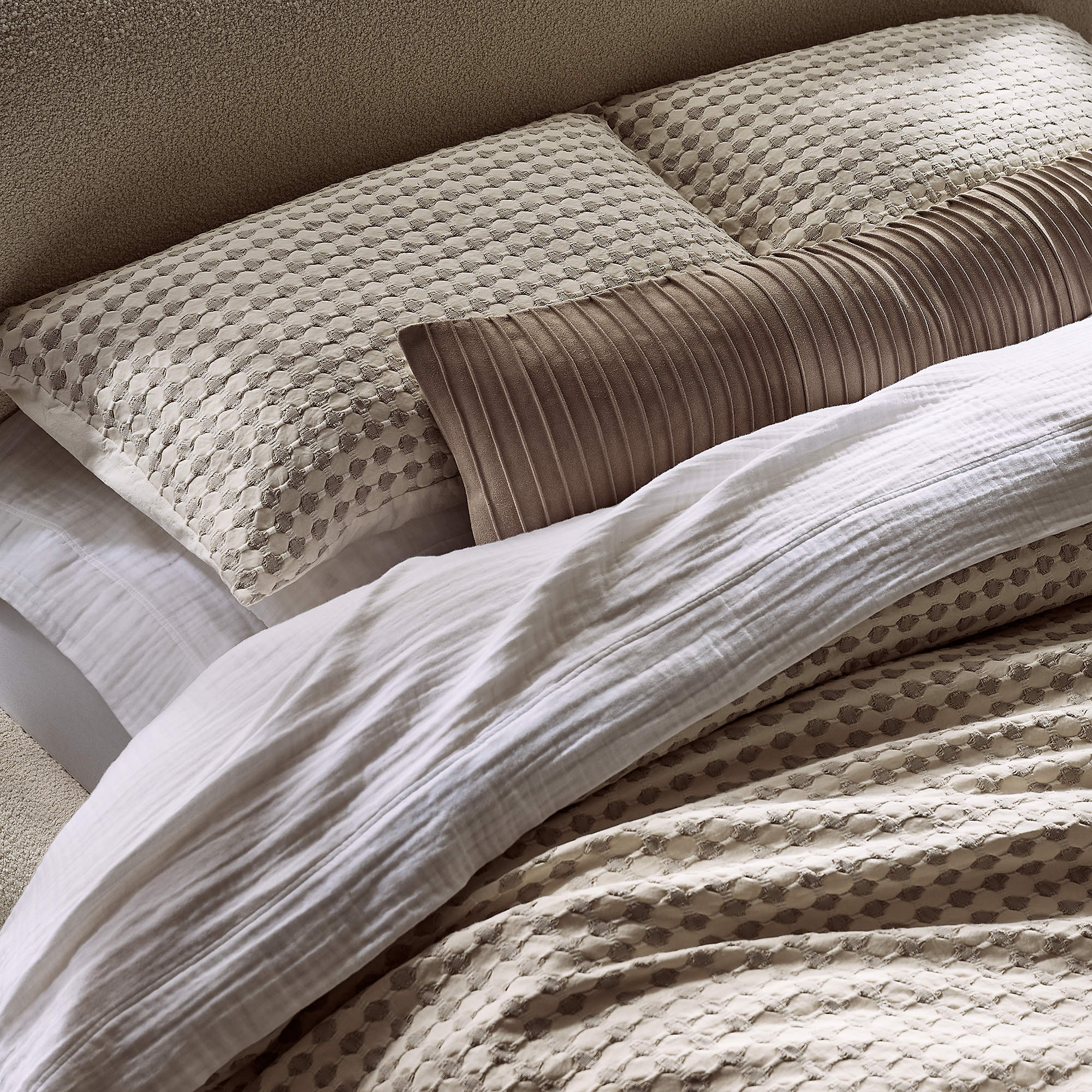 Gathered Light Taupe Suede Lumbar Pillow with Down-Alternative Insert 48"x12" + Reviews | CB2 | CB2