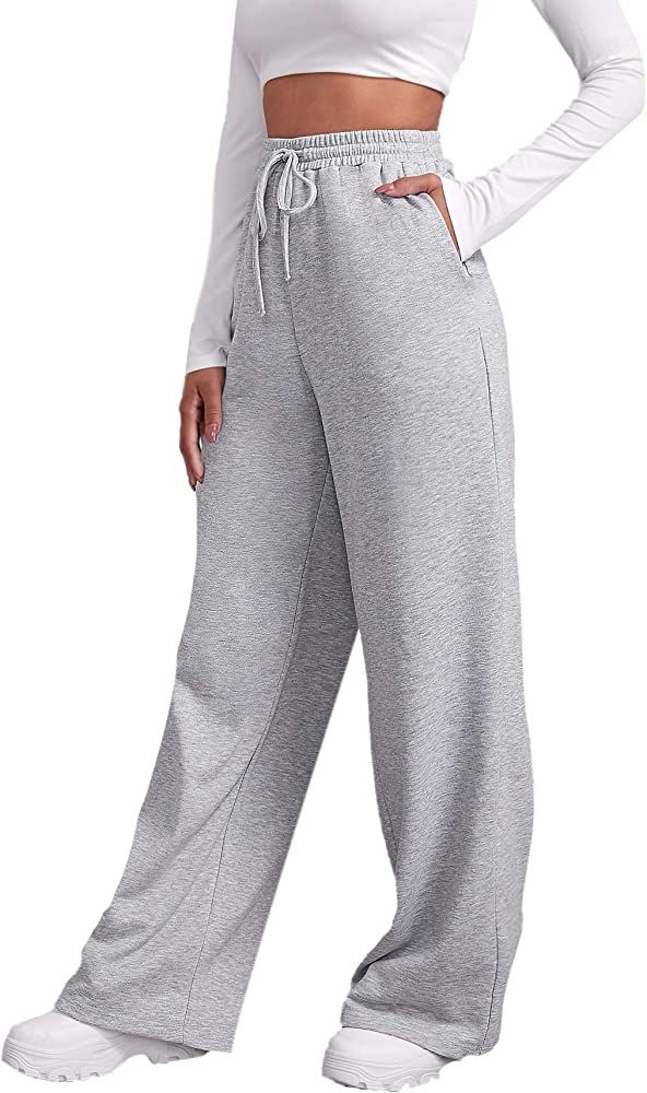 Floerns Women's Causal Drawstring High Waist Baggy Straight Wide Leg Sweatpants with Pockets | Amazon (US)