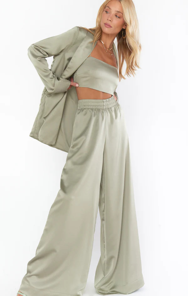 Irwin Pants ~ Moss Green Luxe Satin | Show Me Your Mumu