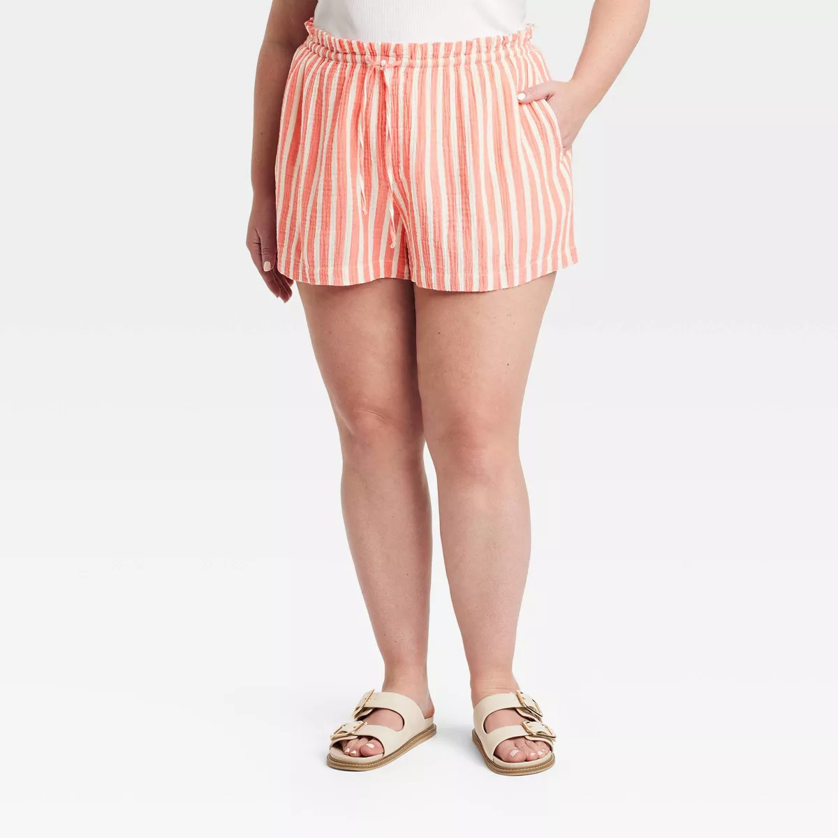 Women's High-Rise Gauze Tie-Waist Pull-On Shorts - Universal Thread™ Coral Pink Striped XXL | Target