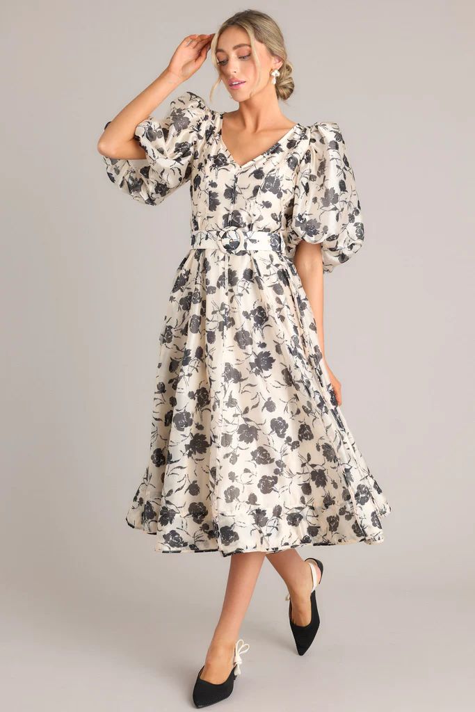 Blossoming Resilience Ivory & Black Floral Belted Midi Dress | Red Dress