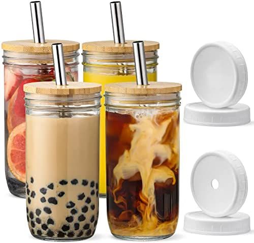 Amazon.com: [ 4 Pack ] Glass Cups Set - 24oz Mason Jar Drinking Glasses w Bamboo Lids & Straws & ... | Amazon (US)