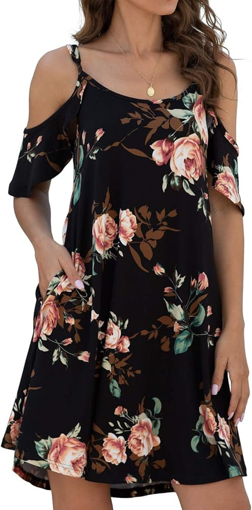 Jouica Women's Summer Casual Spaghetti Strap Sundress Dress Cold Shoulder Ruffle Sleeves Dresses wit | Amazon (US)