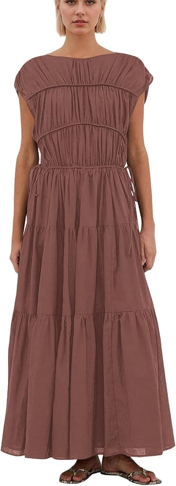 calbatic Women Pleated Ruched Tiered Maxi Dress Sleeveless Patchwork Ruffle Hem A Line Flowy Summ... | Amazon (US)