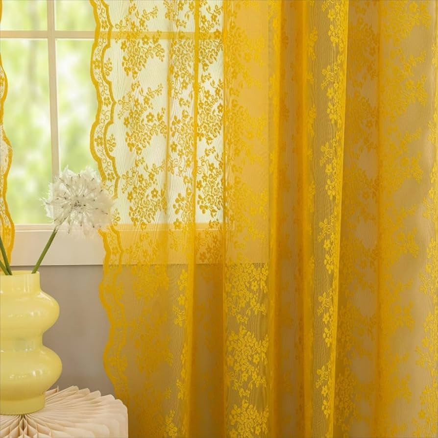 YJ YANJUN Mustard Yellow Sheer Curtains 63 Inch Length 2 Panels Elegant Gold Lace Curtains Boho P... | Amazon (US)