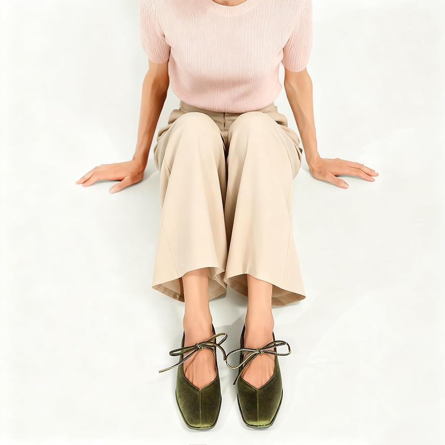 Lace Up Square Toe Ballet Flats for Women Cute Bow Slip On Mary Jane Flats Casual Ballerina Shoes | Amazon (US)