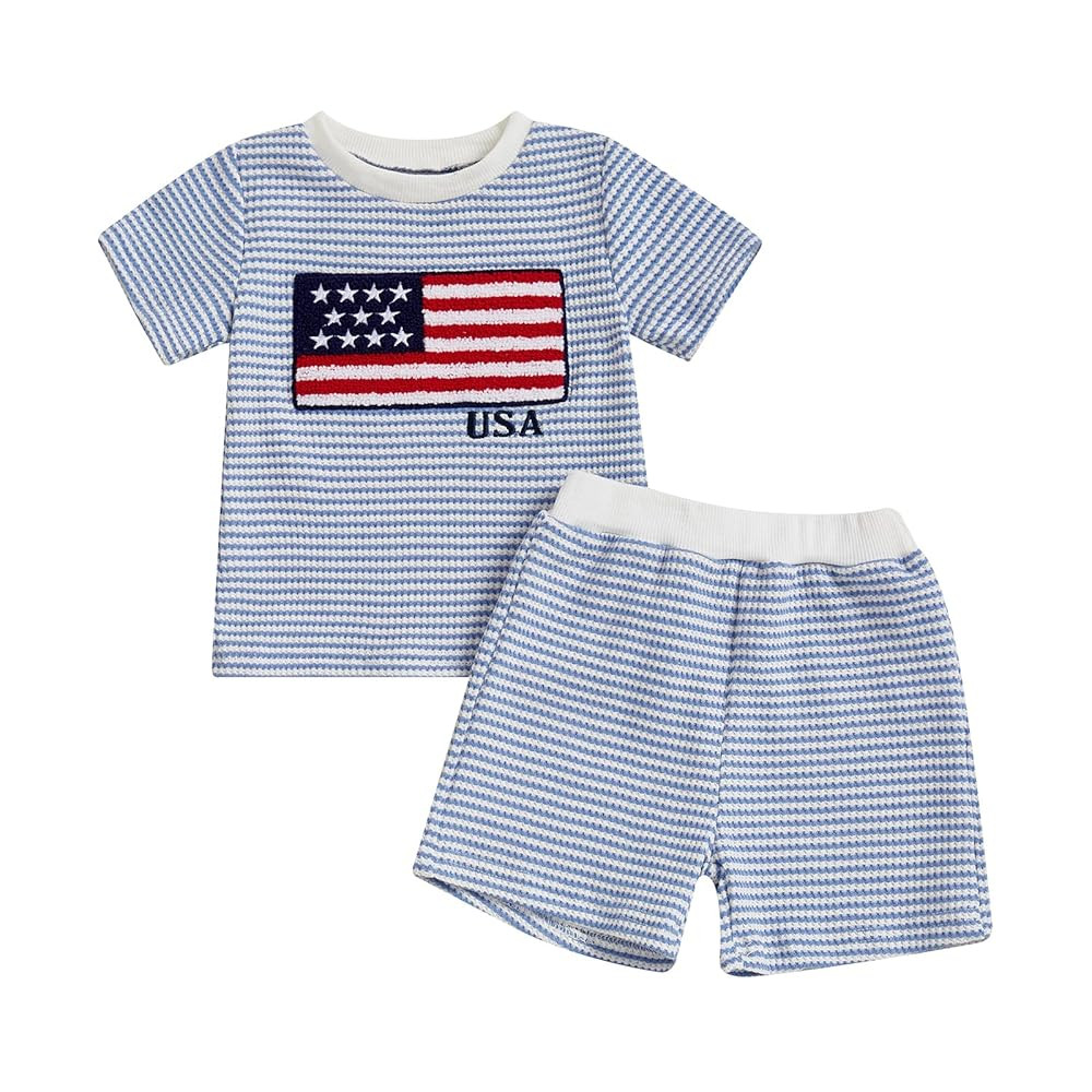 Toddler Baby Boy 4th of July Outfit USA Flag Embroidery Striped Short Sleeve Waffle Knit T-Shirt ... | Amazon (US)