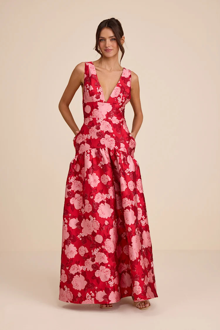 Valna Red Floral Jacquard Drop Waist Maxi Dress | Lulus