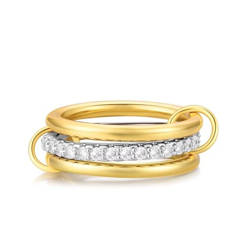 Canboer 14K Gold Plated Interlocked Stackable Rings for Women - Trendy Statement Mixed Metals Multi Ring Stack - Dainty Cubic Zirconia Two-Toned Connected Bands Stacking Jewelry size 7 | Amazon (US)