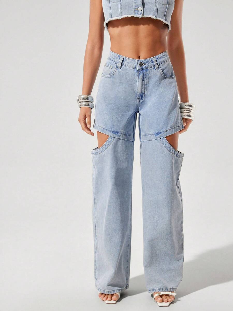 Denimoi Low Rise Baggy Fit Cut Out Denim Jeans, Y2K Outfits For Women, Y2K Bottoms, Y2K Fashion, ... | SHEIN