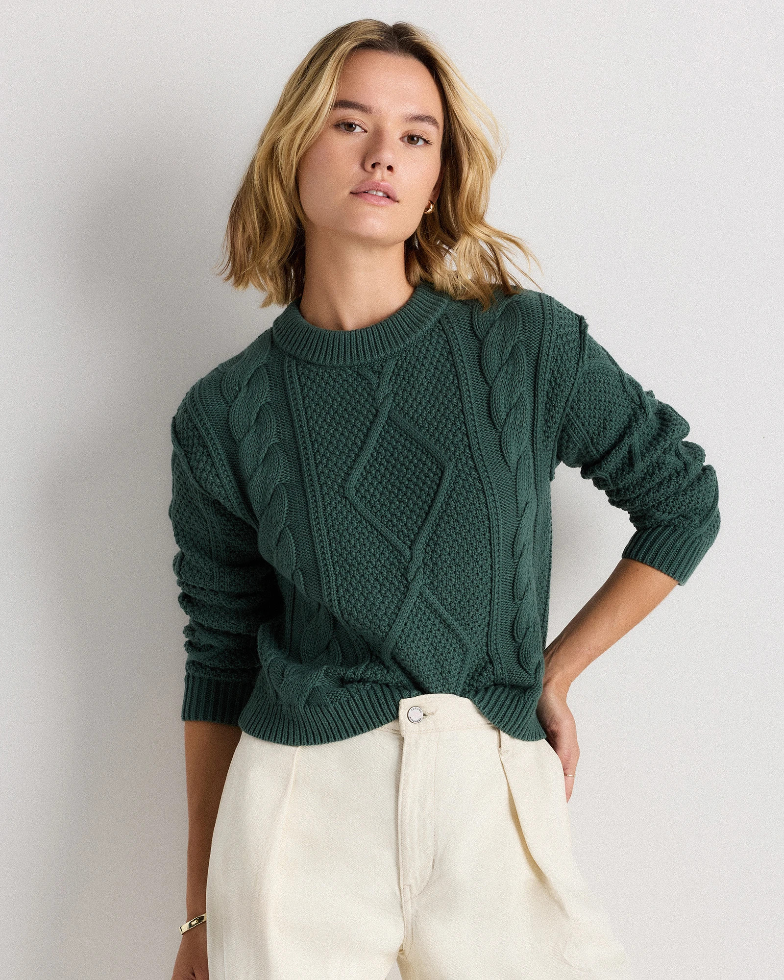 Quince | Women's Cropped Cable Crew Sweater in Dark Spruce, Size Large, Organic Cotton | Quince