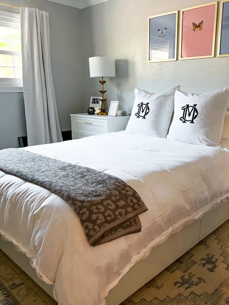 College bedroom decor🦋 monogrammed pillows, pottery barn linens, barefoot dreams blanket, wayfair rug 

#LTKU #LTKhome