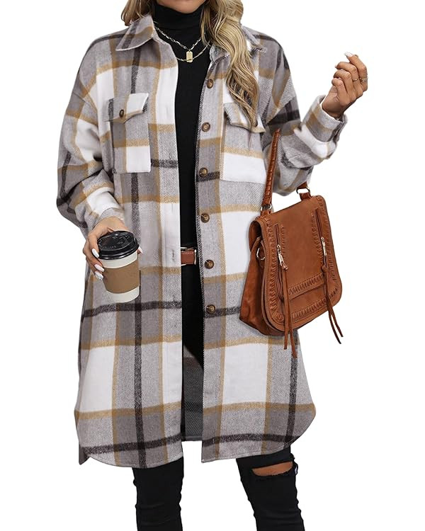 NIeyook Plaid Shacket Jacket Women Button Down Long Flannel Shirt Fall Oversized Jackets Casual S... | Amazon (US)