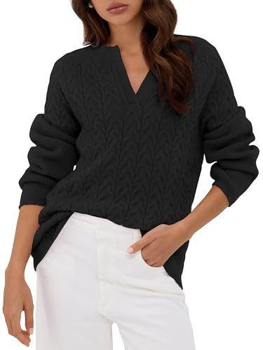 ZAFUL Womens 2025 Fall Fashion Cozy Cable Knit Sweaters Long Sleeve Casual Chunky Pullover Tops V Neck Loose Fit Clothing Winter Trendy Outfits Black Small | Amazon (US)