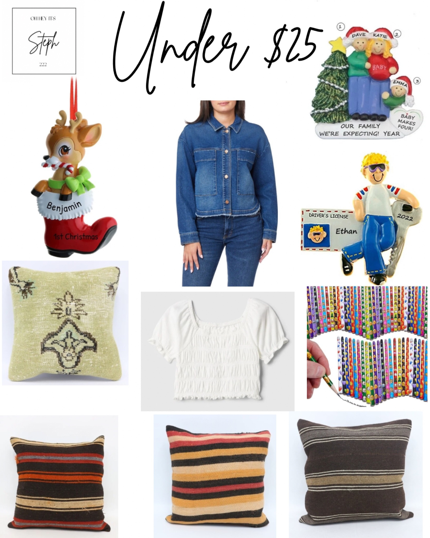 Under $25



Throw Pillow, Etsy, pillow cover, baby smocked top, gap factory, Emoticon Pencil, target, Personalized Babys First Christmas Ornament, oversized cropped denim jacket, Nordstrom rack, Personalized New Driver Ornament, Expecting Family Of 3 Personalized Christmas Ornament

#LTKHome #LTKFindsUnder50 #LTKSaleAlert