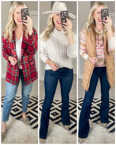 Daily try on, Walmart outfit, Walmart fashion, time and tru, puffer vest, quilted vest, fair isle sweater, flare jeans, teacher outfit, workwear, plaid blazer, red blazer, Maurice’s 

#LTKunder50 #LTKHoliday #LTKstyletip