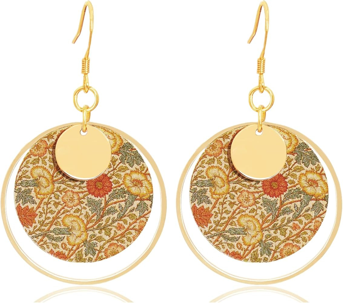 Boho Earrings, Gold Hoop Flower Earrings, Dangle Round Disc Earrings for Women, Handmade Bohemian Trendy Boho Floral Jewelry | Amazon (US)