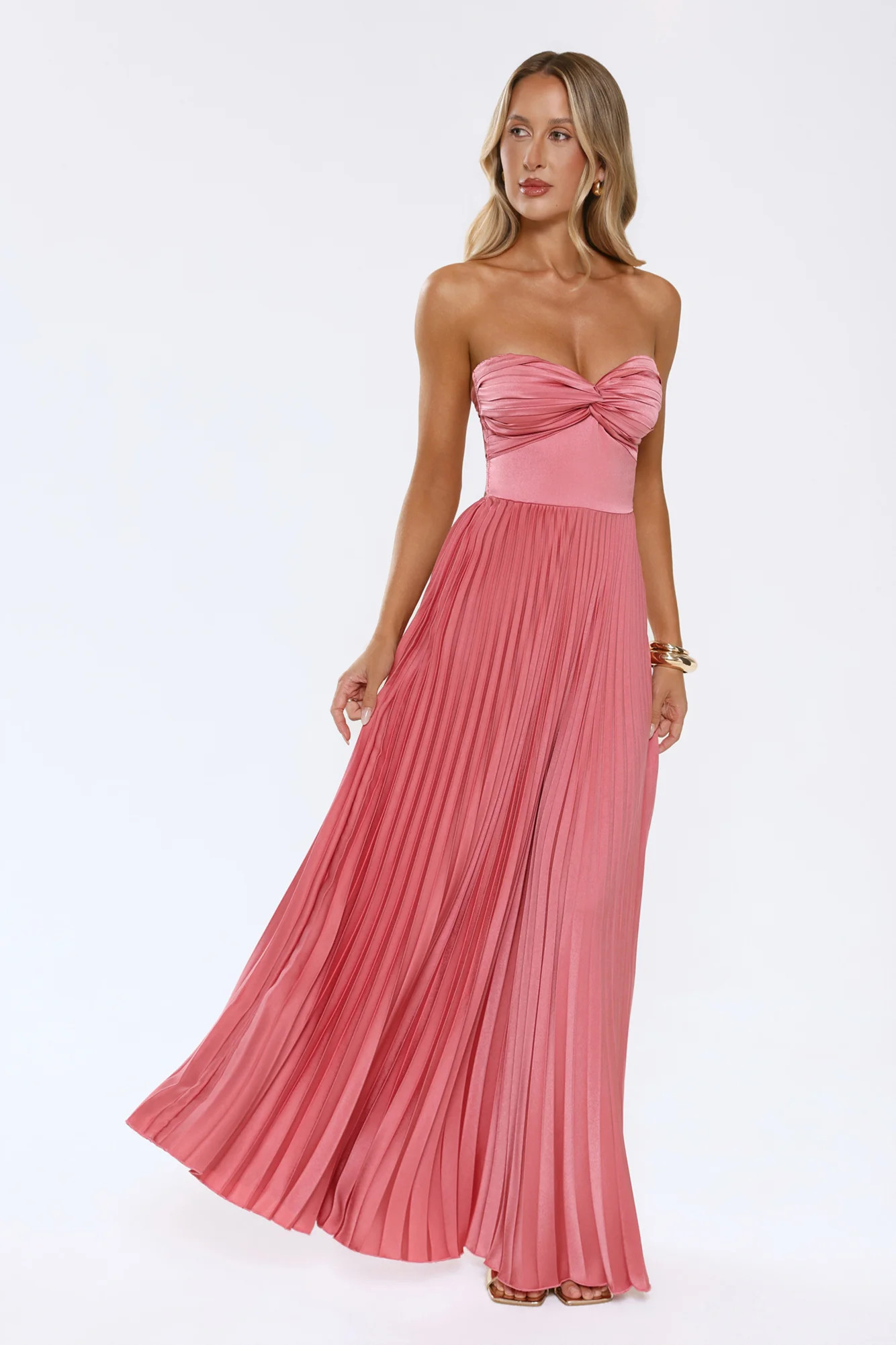 Sassy Sunshine Satin Pleated Strapless Maxi Dress Rose | Hello Molly (US)