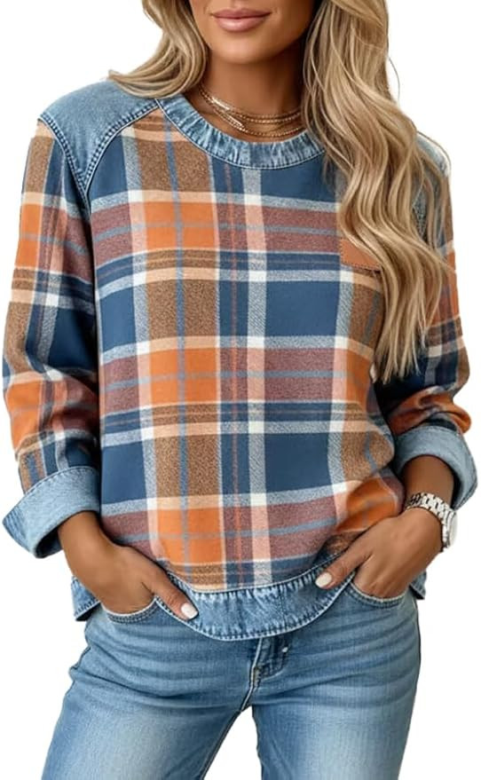 Women Casual Gingham Sweatshirts Long Sleeve Pullover Tops Fashion Fall Outfits | Amazon (US)