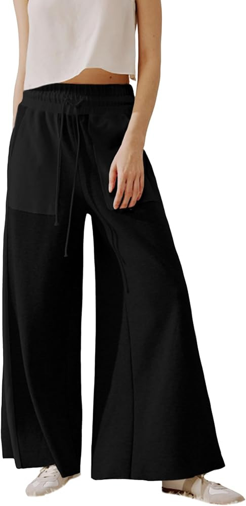 Women's Wide Leg Pants High Waisted Casual Flowy Pants Patchwork Two-Tone Color Block Drawstring ... | Amazon (US)