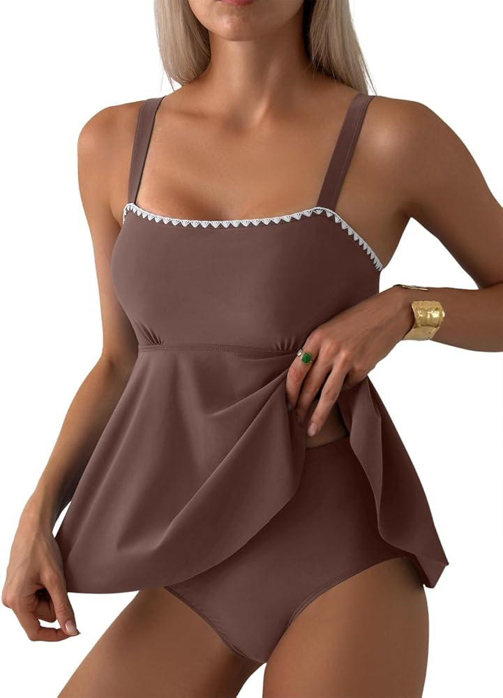 Aleumdr Tankini Swimsuits for Women Modest Two Piece Bathing Suit Square Neck Swim Top with High ... | Amazon (US)