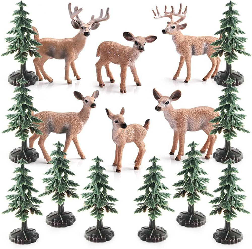 16PCS Deer Figurines Model Trees Kit, Plastic Woodland Animals Toys, Miniature Wild Forest Animal... | Amazon (US)