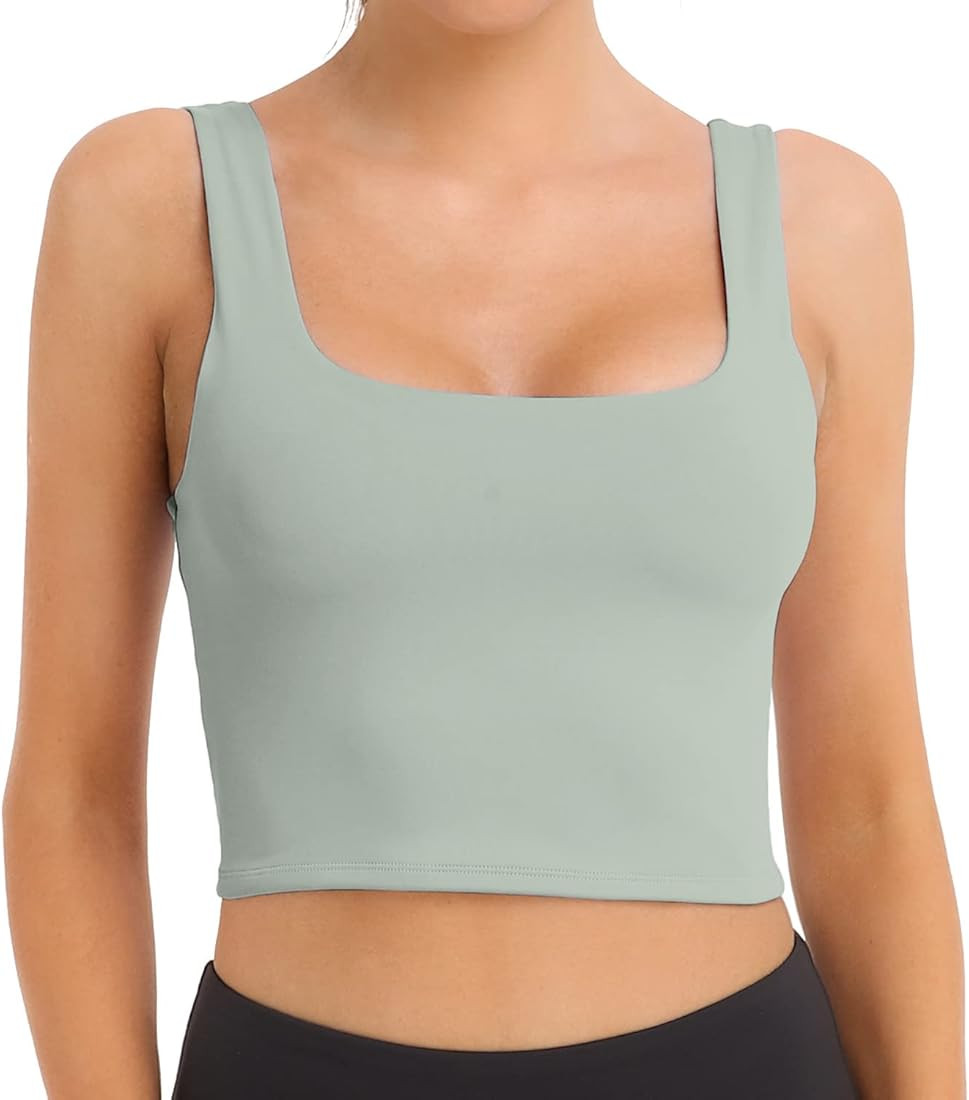 Women's Body Contour Square Neck Tank Tops Sleeveless Strappy Crop Double Lined Shirts | Amazon (US)