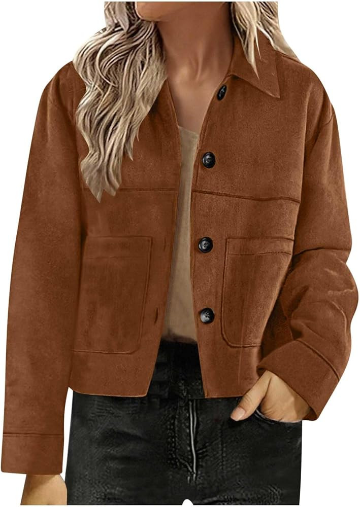 Suede Jackets For Women 2025 Casual Button Down Cropped Jacket Fall Long Sleeve Outerwear Coats W... | Amazon (US)