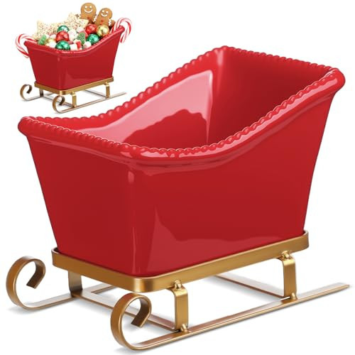 Mimorou Sleigh Candy Dish for Christmas Ceramics and Metals Salad Bowl 7.5 x 5 x 6 Inch Candy Storage Jar for Xmas Holiday Party Table Shelf Decor (Red and Gold) | Amazon (US)