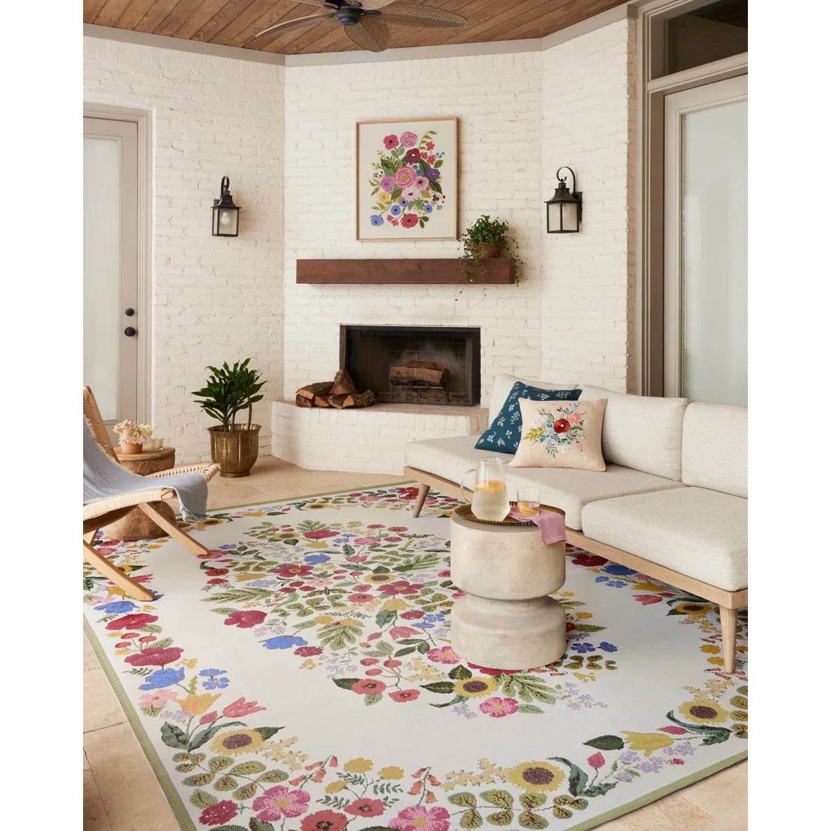 Rifle Paper Co. x Loloi Perennial Cream Indoor / Outdoor Area Rug | Wayfair North America