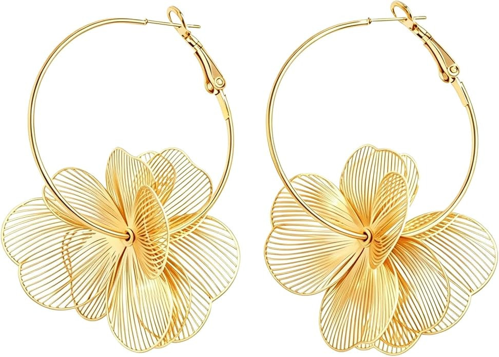 Gold Flower Drop Earrings for Women, Dainty Layered Floral Earrings with Hollow Petals, Hypoaller... | Amazon (US)