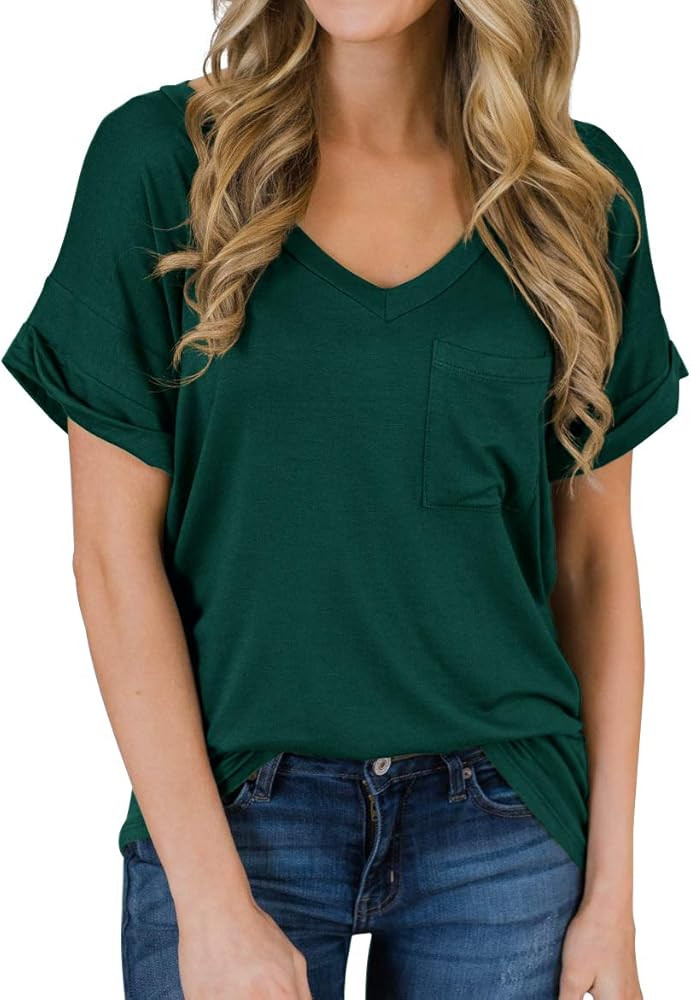 PrinStory Women's Casual Tops Short Sleeve V-Neck Shirts Loose Blouse Basic Tee T-Shirt | Amazon (US)