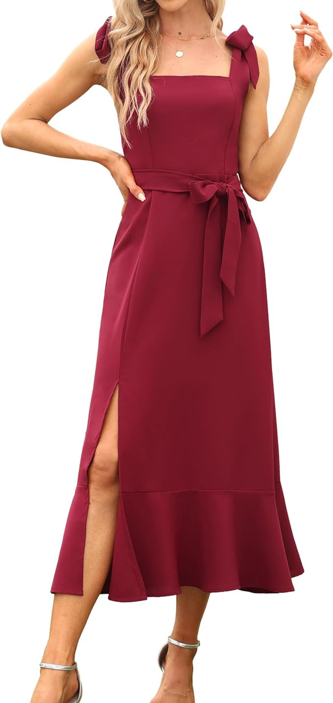 Women's Elegant Bridesmaid Dresses Square Neck Ruffle Split Midi Formal Dress for Wedding Guest C... | Amazon (US)