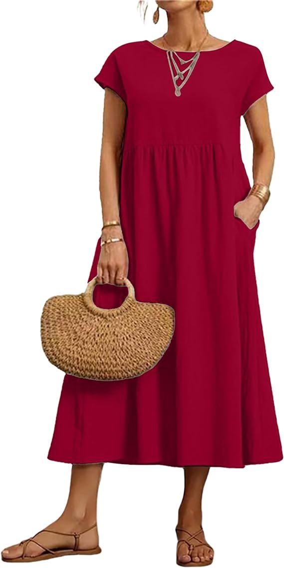 Women's Summer Dresses Maxi Casual Cap Sleeve Crewneck A Line Flowy Swing Beach Sundress with Poc... | Amazon (US)