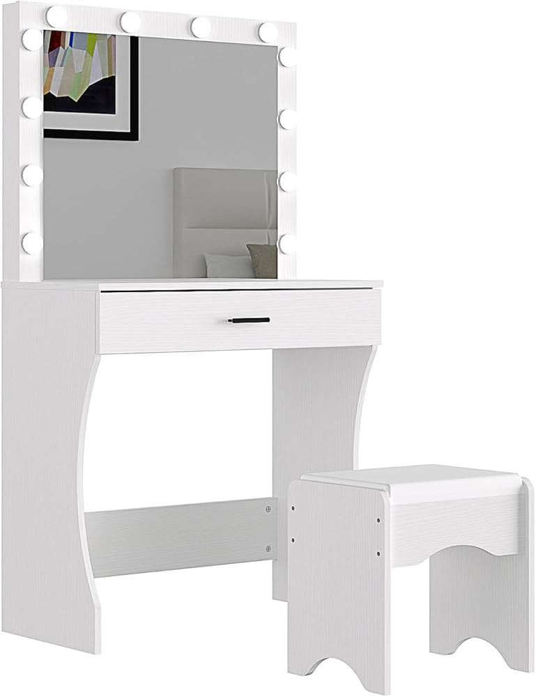 Vanity Desk with Mirror and Adjustable Lights, One Drawer Storage Makeup Table with Stool - Vanit... | Amazon (US)