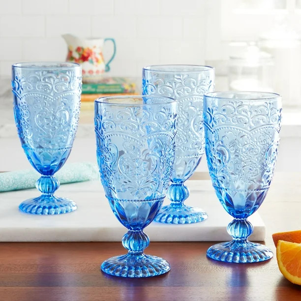The Pioneer Woman Amelia 4-Piece 14.7-Ounce Goblet Set, Blue | Walmart (US)