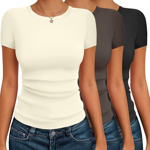Ekouaer Short Sleeve Shirts for Women Basic Tees Slim Fit Crew Neck Tops Trendy Summer Black/Chestnut Brown/Beige M | Amazon (US)
