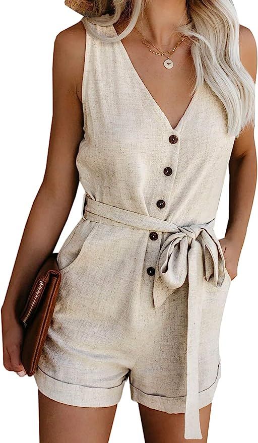 Acelitt Women V Neck Bat Sleeve Belted Wrap Short Jumpsuit,S-XL | Amazon (US)