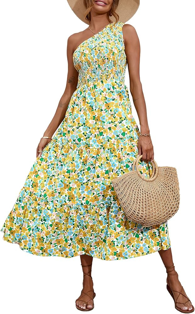 BTFBM Women One Shoulder Sleeveless Casual Summer Dresses Smocked High Waist Floral Print Boho Pleat | Amazon (US)
