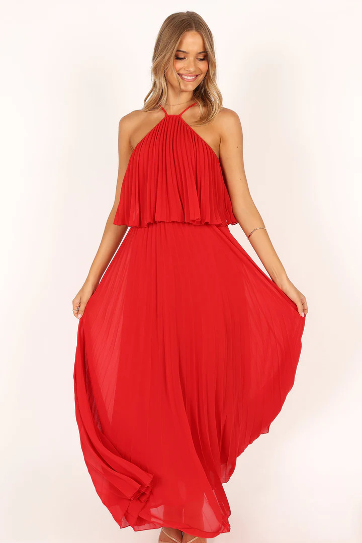 Gia Pleated Halterneck Maxi Dress - Red | Petal & Pup (US)