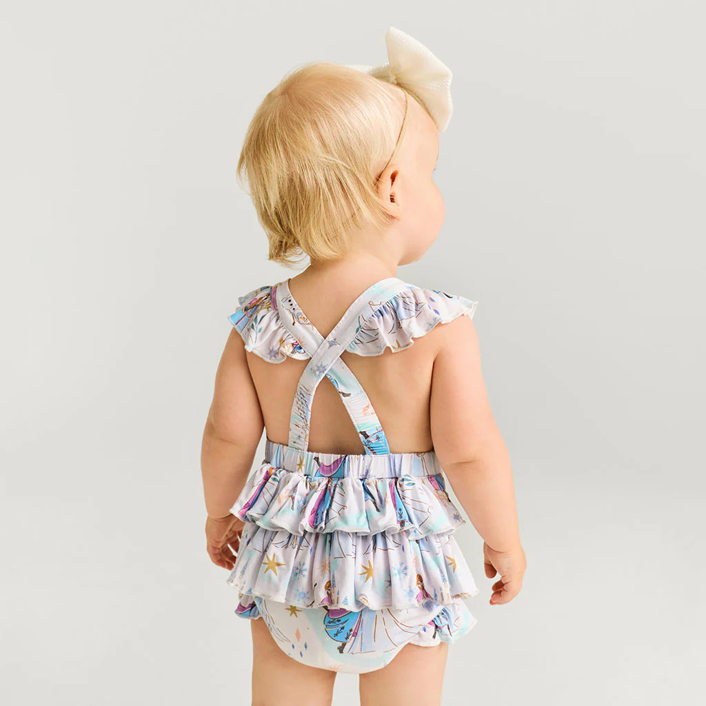 Blue Daywear Disney Frozen Elsa & Anna Ruffled Strap Bubble Romper | Posh Peanut\u00ae | Posh Peanut