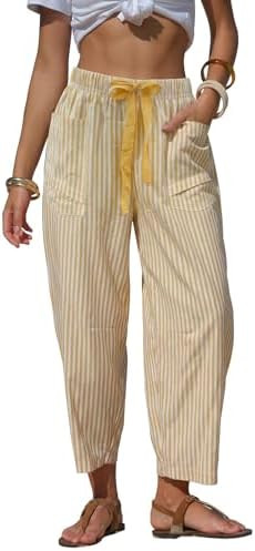 EXLURA Womens Summer Faux Linen Striped Barrel Pants Comfy Drawstring Capri Pant with Pockets Bea... | Amazon (US)