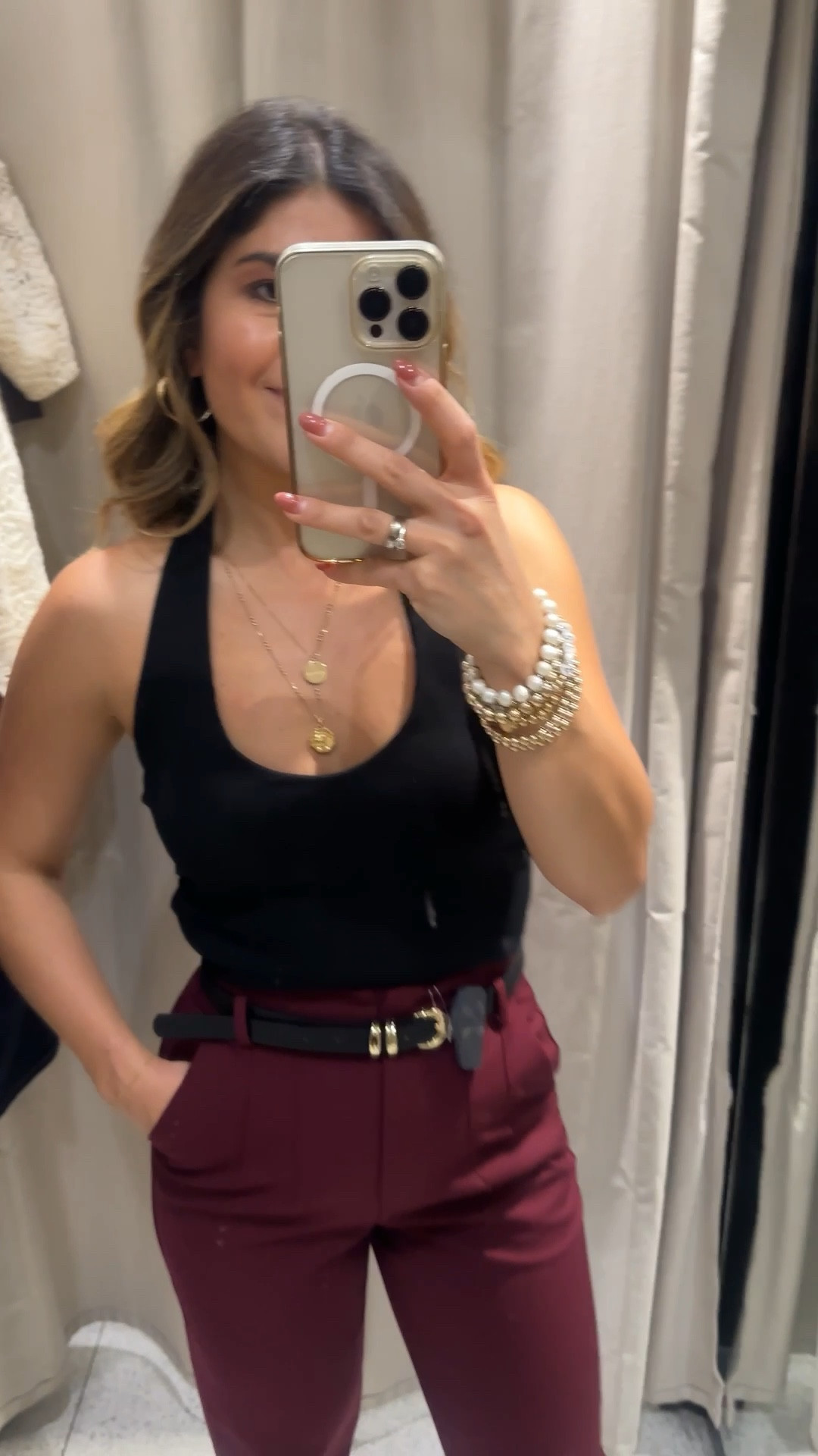 This black halter top is so cute and $-5 only! Also loved these burgundy pants! 
They run small make sure to size one up. Here I’m wearing size xs but I could have worn a size small instead. 
Top size xs
Pants size xs

#LTKSeasonal #LTKFindsUnder50 #LTKFindsUnder100
